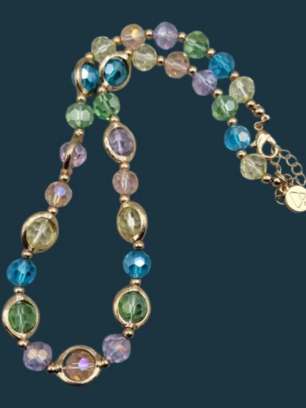 VTG Liz Claiborne Multi Color Crystal Station Necklace Gold Tone Est 1976 19